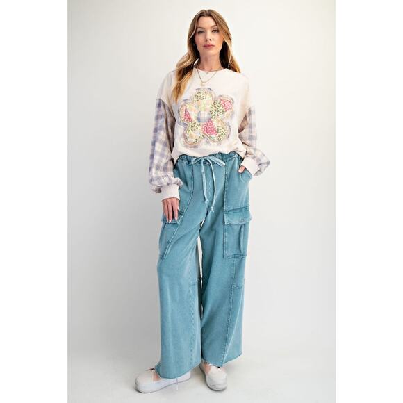 easel Pants - "Durango" French Terry Cargo Wide Leg Pants in Teal Blue
